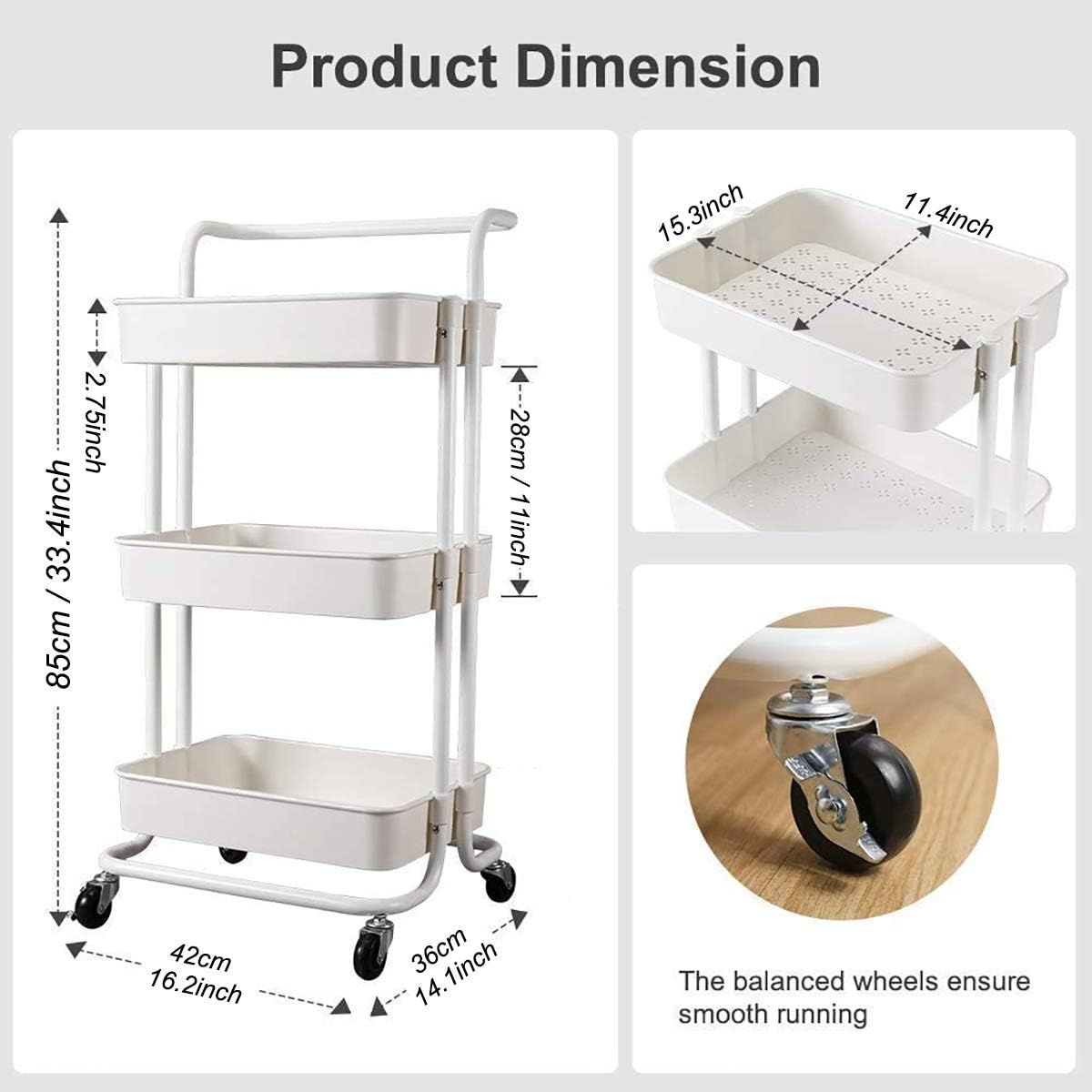 3-Tier Rolling Storage Organizer – Multi-Purpose Utility Trolley for Home & Office