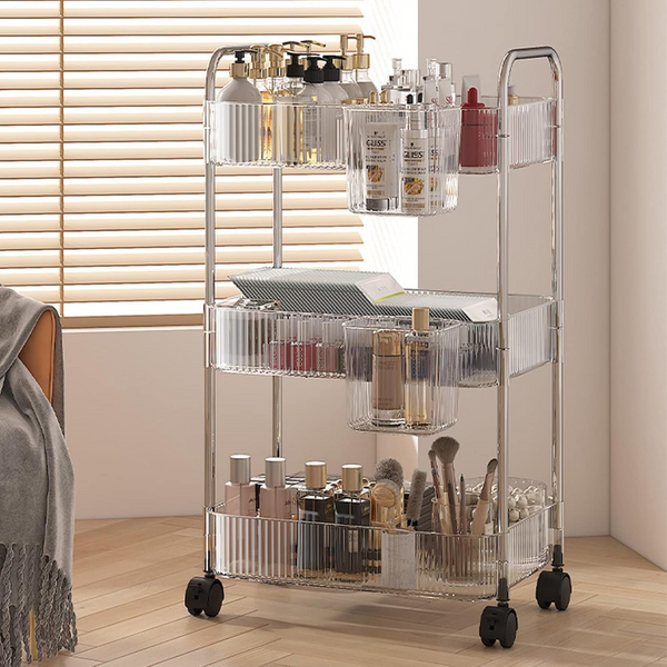 CrystalClear 3-Tier Acrylic Organizer | Metal Frame & Wheels